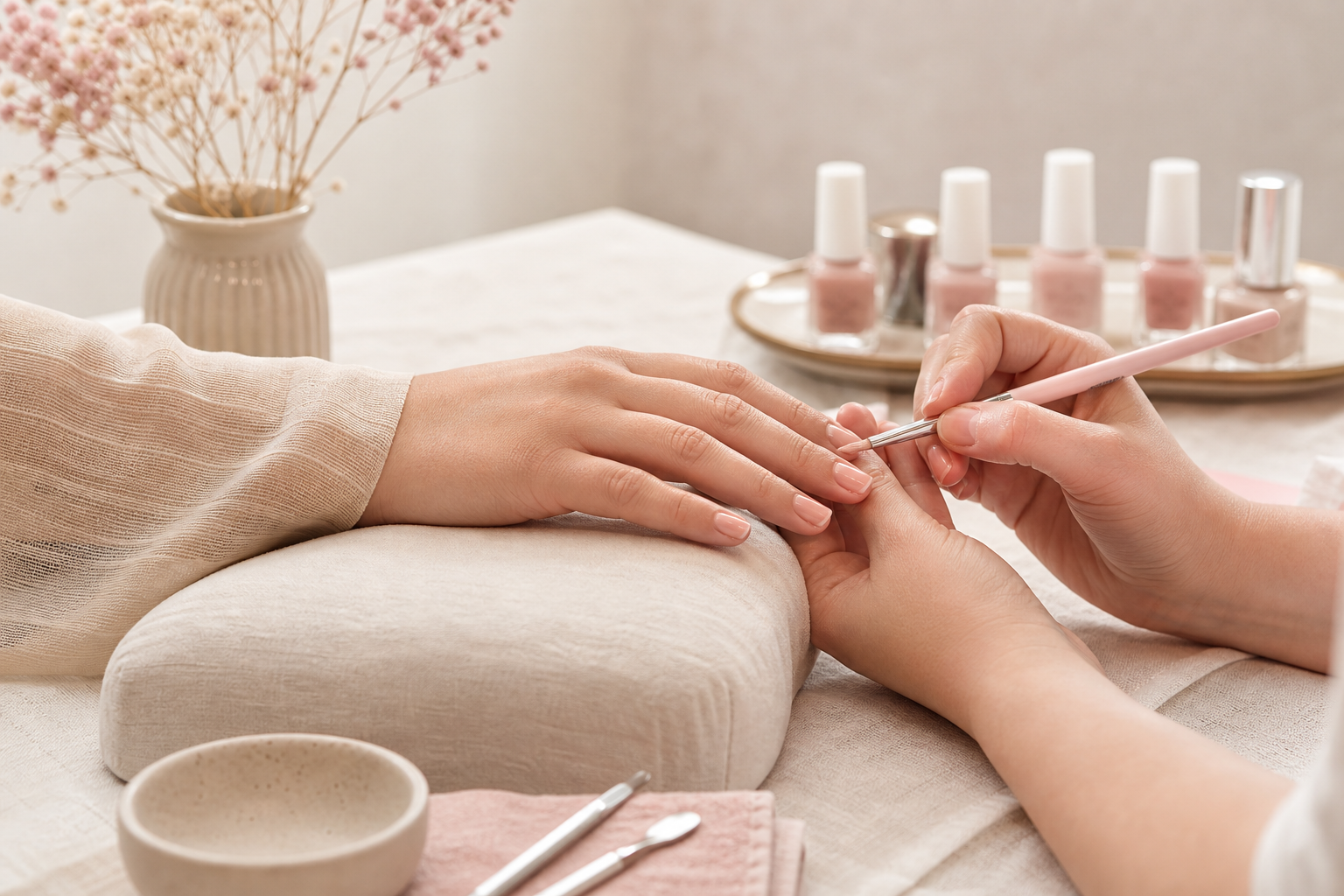 Soft blush manicure scene with gel polish bottles